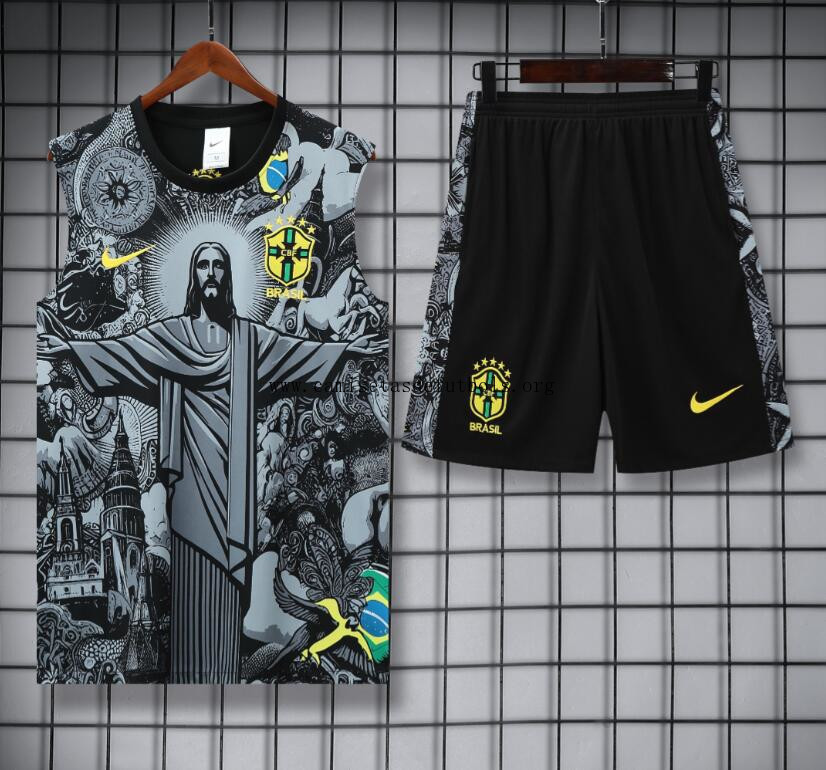 Conjunto Sin Mangas BRASIL Pre-Match 25/26 Negro + Pantalones Cortos ¡¡Menudo/a divino oferta sin competencia!